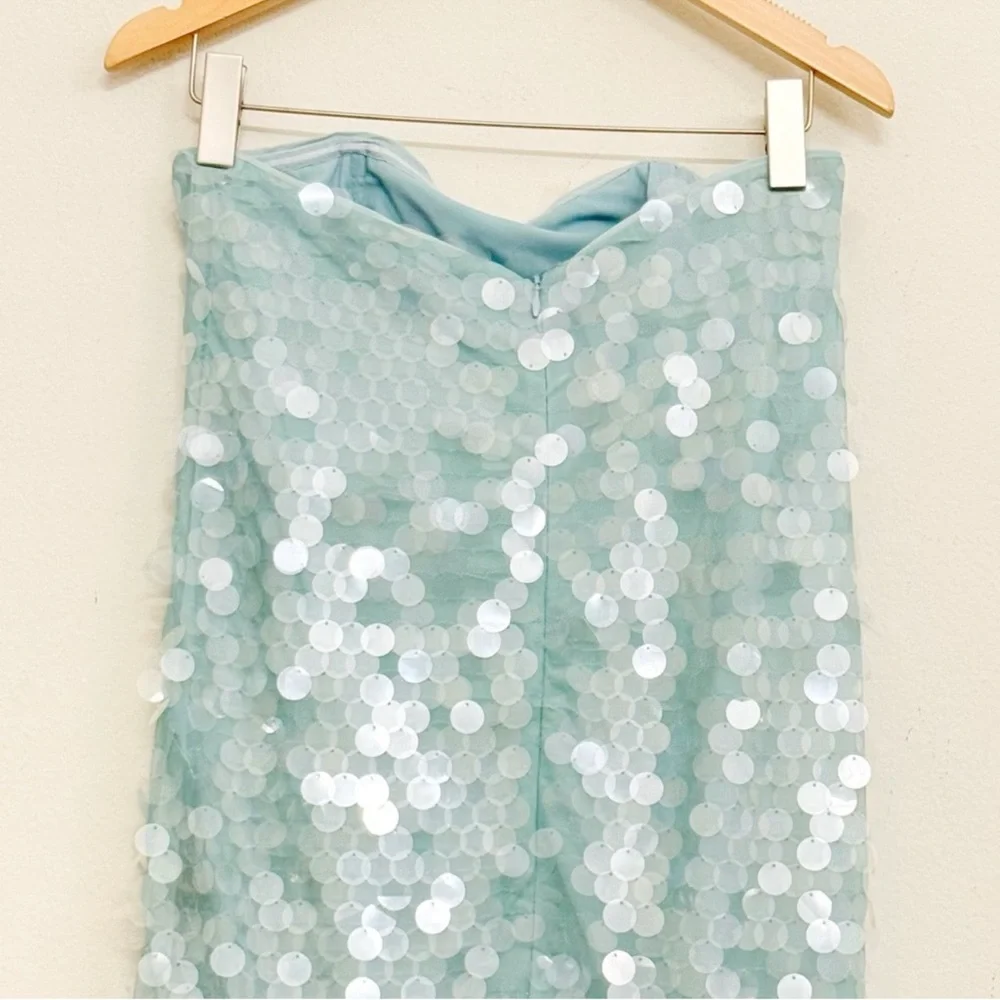 STAUD Casey Strapless Sequin Midi Dress in Mist Aqua Size 8 - Picture 11 of 17